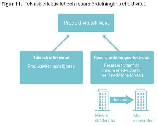 Figur 1: Figuren illustrerar teknisk effektivitet och resursfördelningens effektivitet. Rapporten fokuserar på resursfördelningens effektivitet.